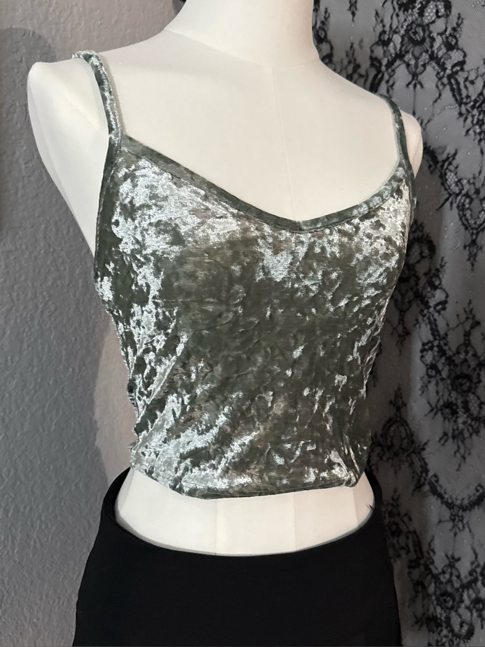 Velvet Spaghetti Strap Crop Top - Sage Green